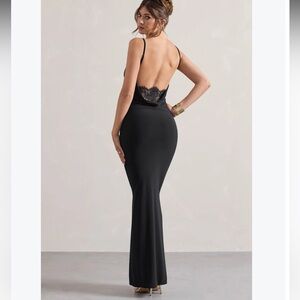 NWT! Club L London Francoise black Cowl Neck Backless Maxi Dress w/ Lace Insert